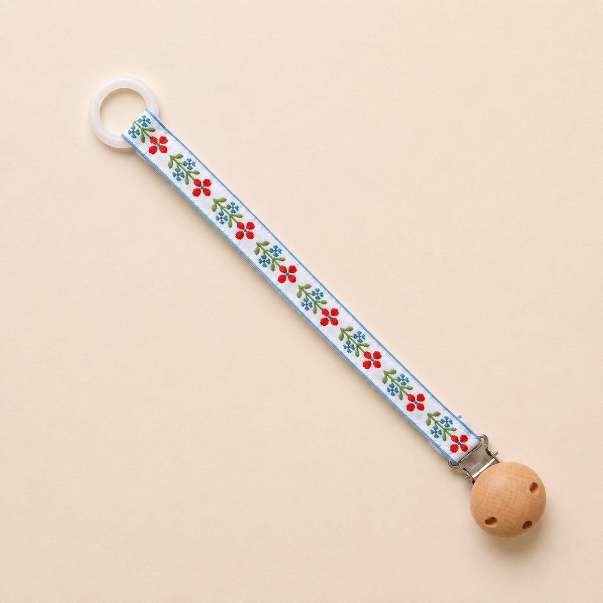 Stoffen Speenkoord Bloem Rood Blauw | Katoenen Speenketting met Houten Clip | Fopspeenhouder Baby Meisje | Babyshower | Accessoires Baby | Speenkoord Meisje | Speenkoord Jongen | Kraamcadeau |