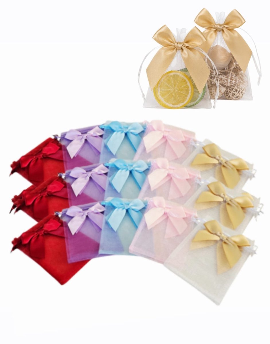Luxe organza zakjes met strik- mix kleuren feestzakjes - snoepzakjes - cadeau zakjes - geboorte - sieradenzakjes - trekkoord met strikje-15 stuks- 10x15cm