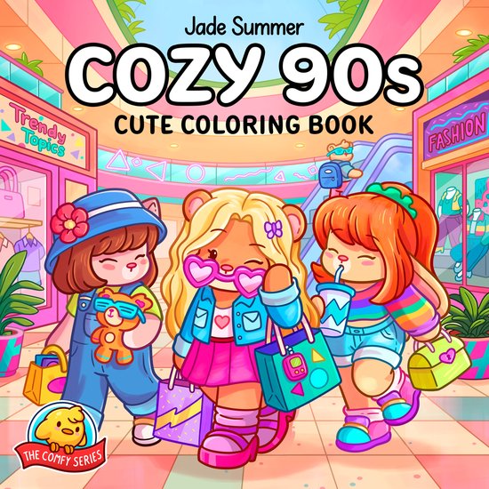 Drie schattige cartoonberen in jaren 90 kleding, met boodschappentassen, in een winkelcentrum. "Cozy 90s Cute Coloring Book" door Jade Summer.