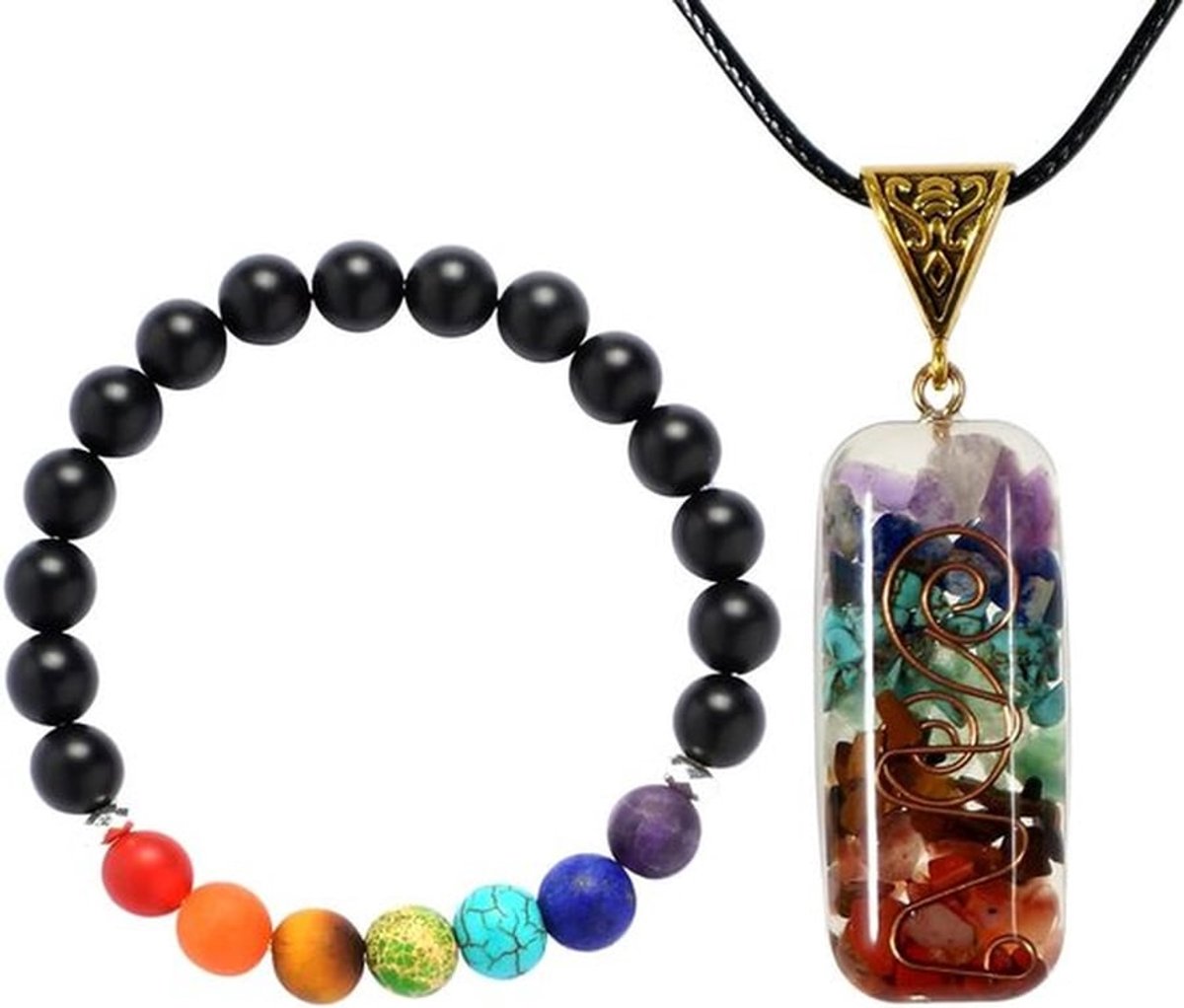 7 Chakra Armband - Chakra Hanger - Spirituele Reiniging - Zwart Lederen Touw - Stressverlichting - Meditatie - Chakra Balanceren - Geschikt voor Yoga - Natuurlijke Grind - Genezing
