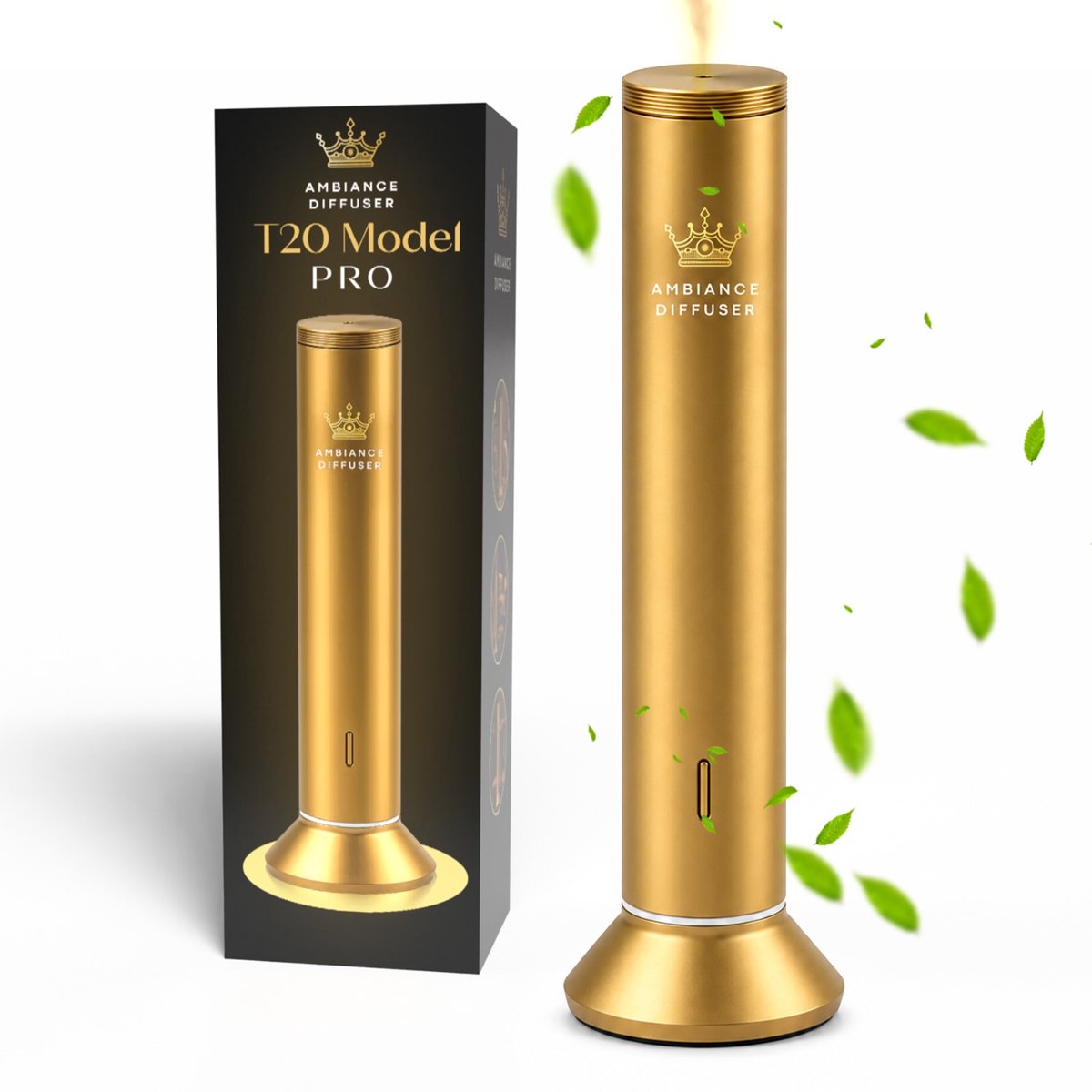 Ambiance Diffuser T20 – Draadloze Tower Aroma Diffuser – Waterloze Geurmachine – Bluetooth App – Goud – 120 ml – Tot 100 m²