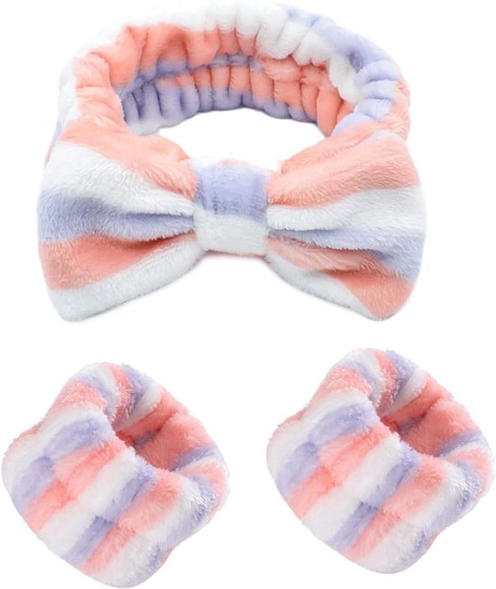 Set van 3 Stuks Haarbanden en Polsbanden voor Spa en Cosmetisch Gebruik - Zachte, Elastische en Waterdichte Accessoires met Strik Design voor Comfort en Stijl