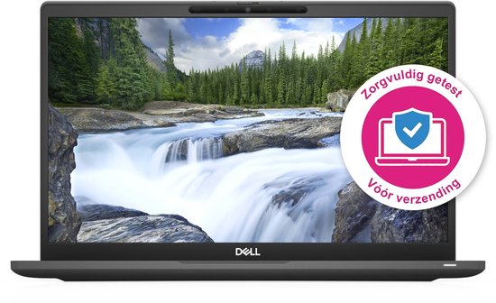 Open Dell laptop met een scherm dat een boslandschap met een waterval toont. Een roze cirkel met een schildlogo en tekst 'Vóór verzending' staat op het scherm.