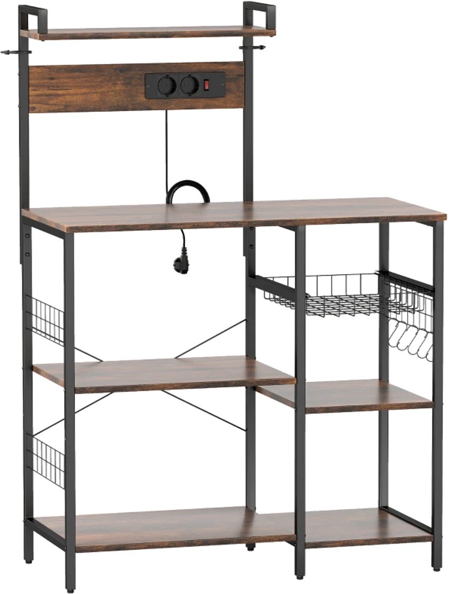 Opbergkasten - Keukenplank met 5 Planken, 2 Stopcontacten, 5 S-haken en Mand - Staande Plank met X-Stijlen van Staal - 90 x 42 x 130 cm