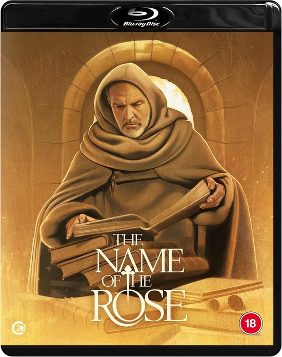 Blu-ray hoes van 'The Name of the Rose' met een monnik in bruine habijt die boeken leest.