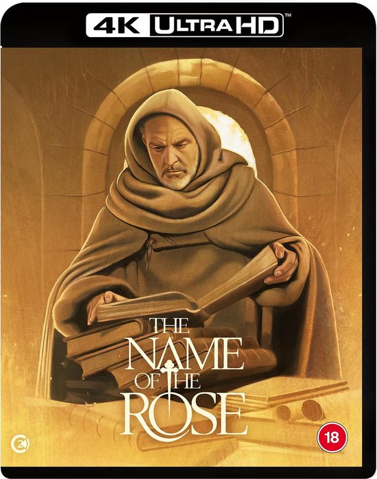4K Ultra HD Blu-ray hoes van 'The Name of the Rose' met een monnik in een bruine habijt die boeken vasthoudt.