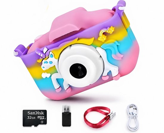 Roze camera met regenboogkleuren en eenhoorn-opdruk, inclusief SD-kaart, USB-stick, koord en oplaadkabel.