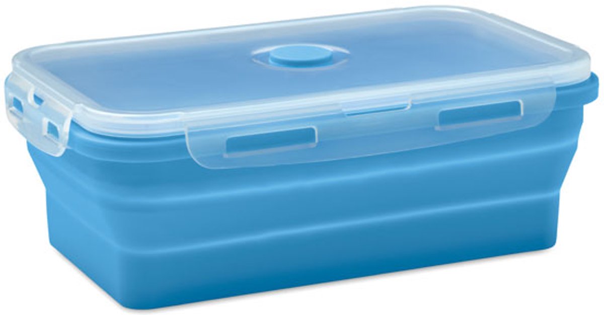 Inklapbare siliconen lunchbox met PP deksel en siliconen ventiel. Inhoud: 1200ml. Blauw