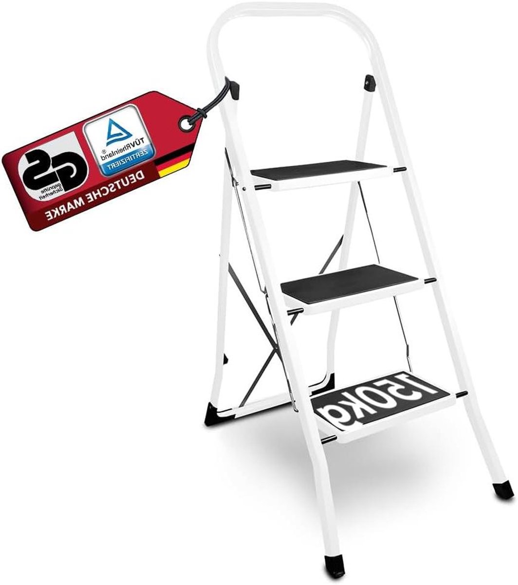 Opvouwbare Trapladder - Opstapje Kruk - Huishoudelijk Gebruik - TÜV/GS-Gecertificeerd - 3 Treden - Wit