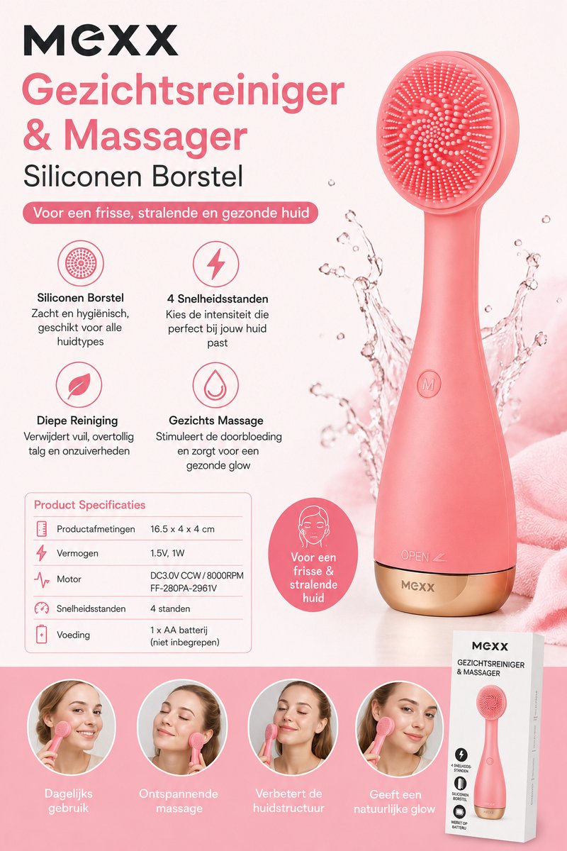 Mexx Gezichtsreiniger Siliconen Gezichtsborstel & Face Massager | Gezichtsmassage Borstel | Diepe Reiniging | Exfoliërende Facial Cleansing Brush | Roze