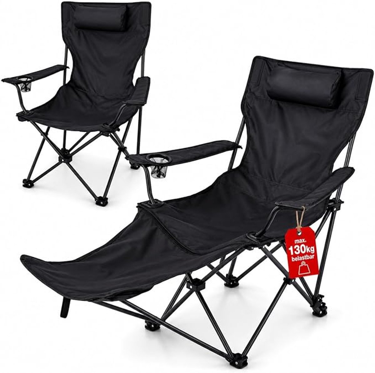Verstelbare Campingstoel met Voetensteun – Opvouwbare Relaxstoel met Hoge Rugleuning en Bekerhouder – Inclusief Draagtas – Draagvermogen tot 130 kg