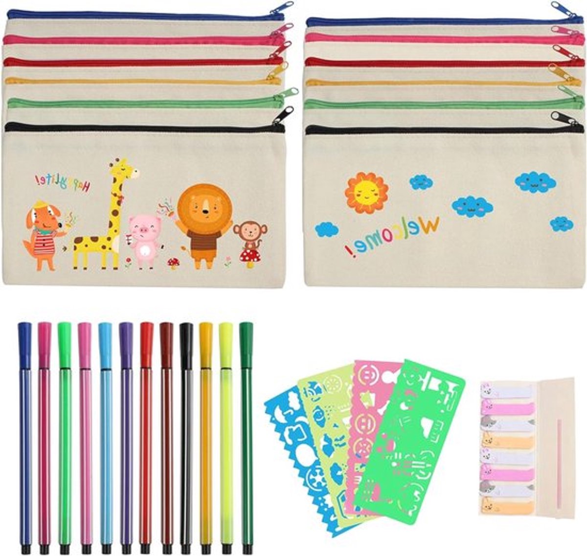 Set van 12 Multifunctionele Blanco Canvas Rits Tassen met Kleurpotloden, DIY Make-Up Tasjes.