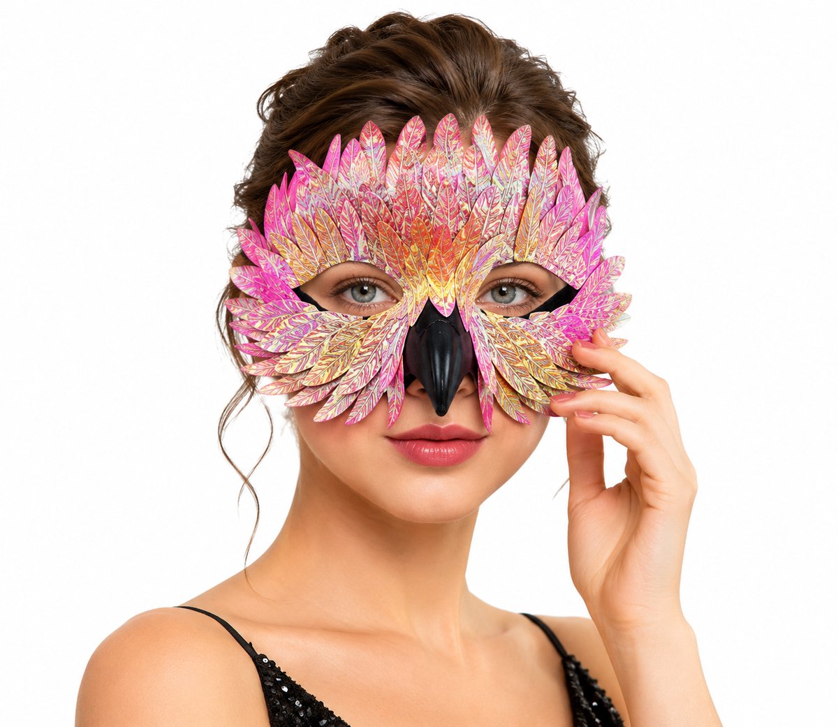 Halfmasker in vogelthema – Iriserend verenmasker met 3D-snavel – Halloweenkostuum – Feestdecoratie – Roze