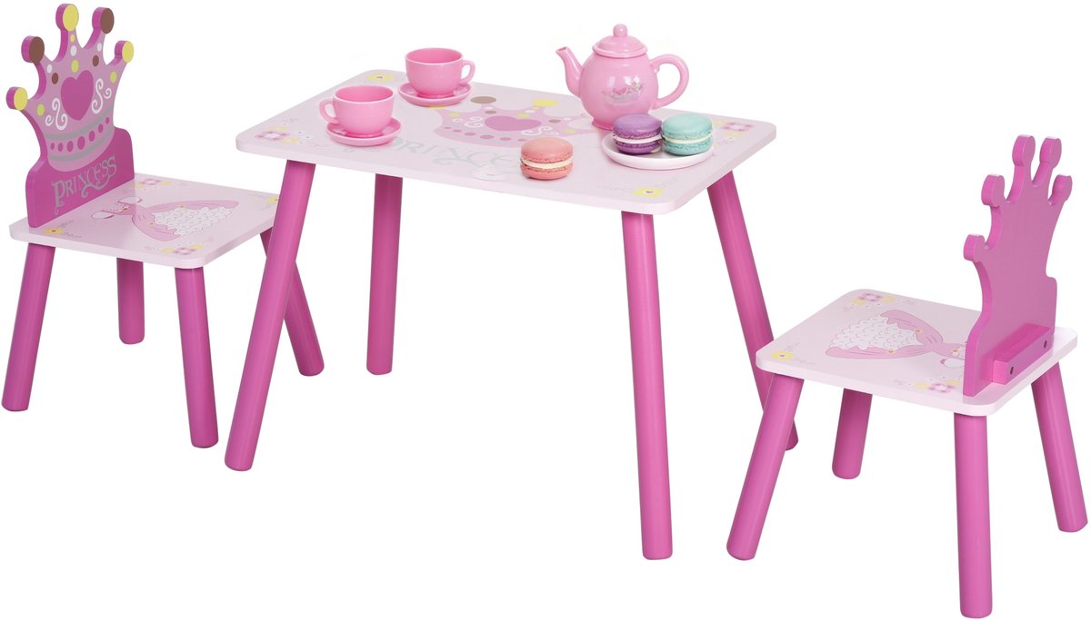 3-delige set met kindermeubels en stoelen, tafel en stoelen in de vorm van een prinsessenkroon, roze