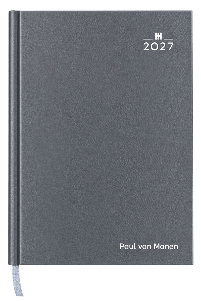 Bureau week agenda 2027 met (naam)opdruk - 1 week per 2 pagina's liggende indeling - formaat A5 - Nederlandstalig - Made in Italy - hardcover omslag grijs - bedrukt met naam of logo