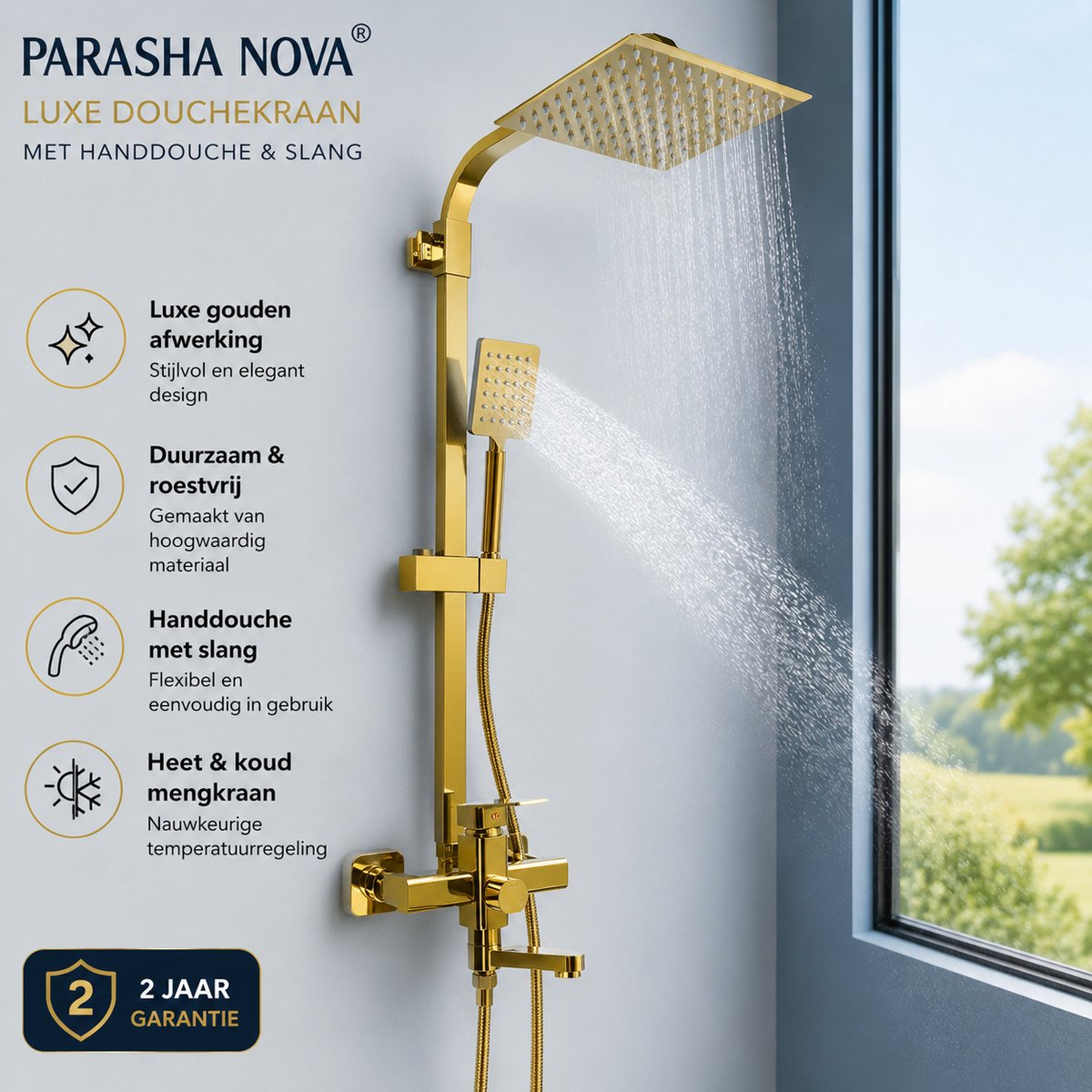 Parasha Nova Douchekraan - Gouden badkamer douchekraanset - messing badkraan regendouche - wandmontage 3 wateruitlaten badkamer douche