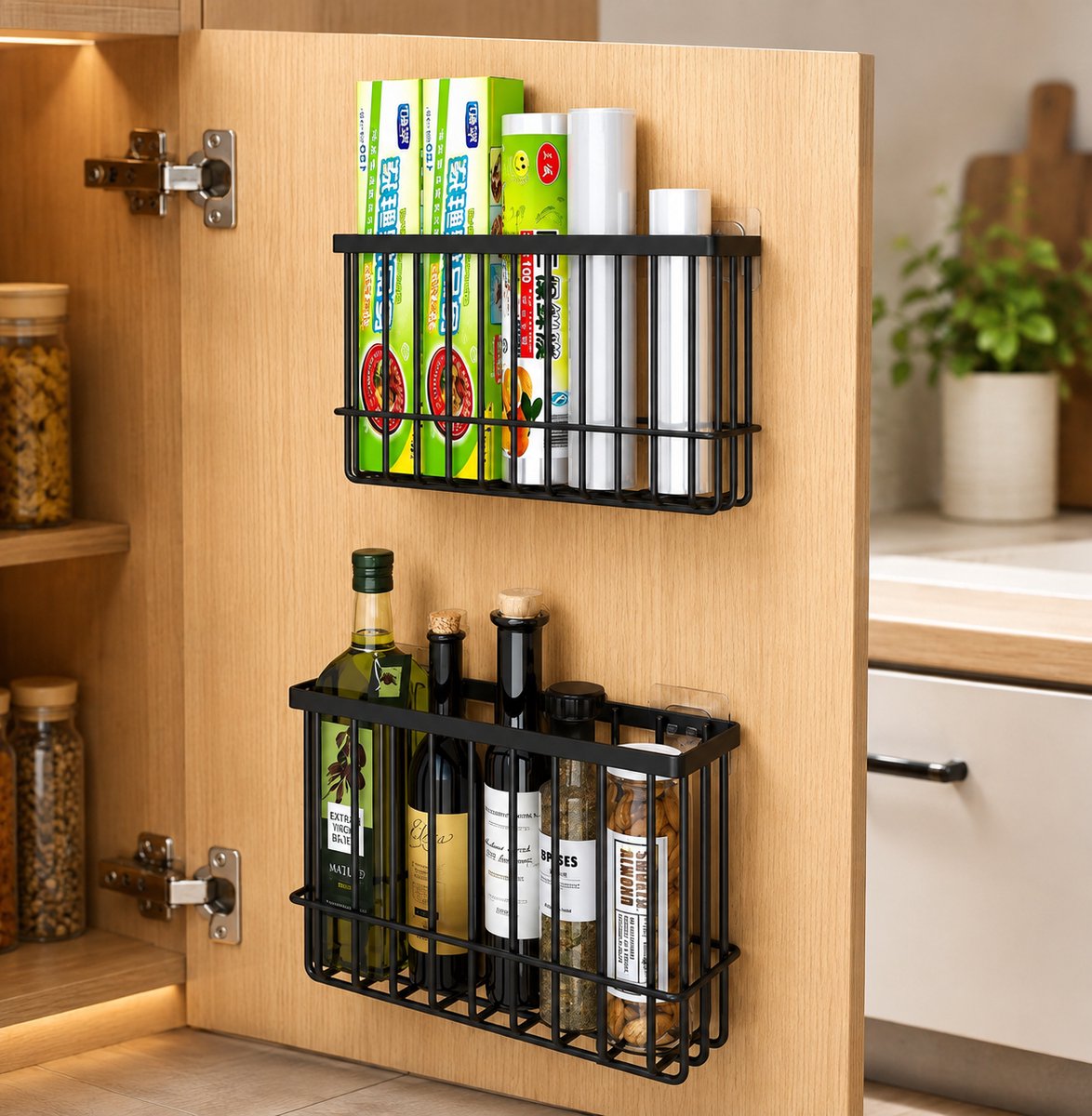 Set van 3 zelfklevende opbergdozen voor keukenkastdeur - met haak - 25x8x15 cm - zwart