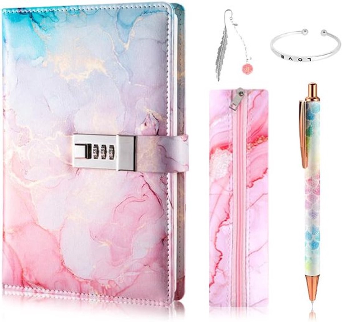 Dagboek met slot en code, geschikt voor meisjes van 7-13 jaar met etui, bladwijzers en accessoires - Paascadeaus voor meisjes en tieners - Roze thema.