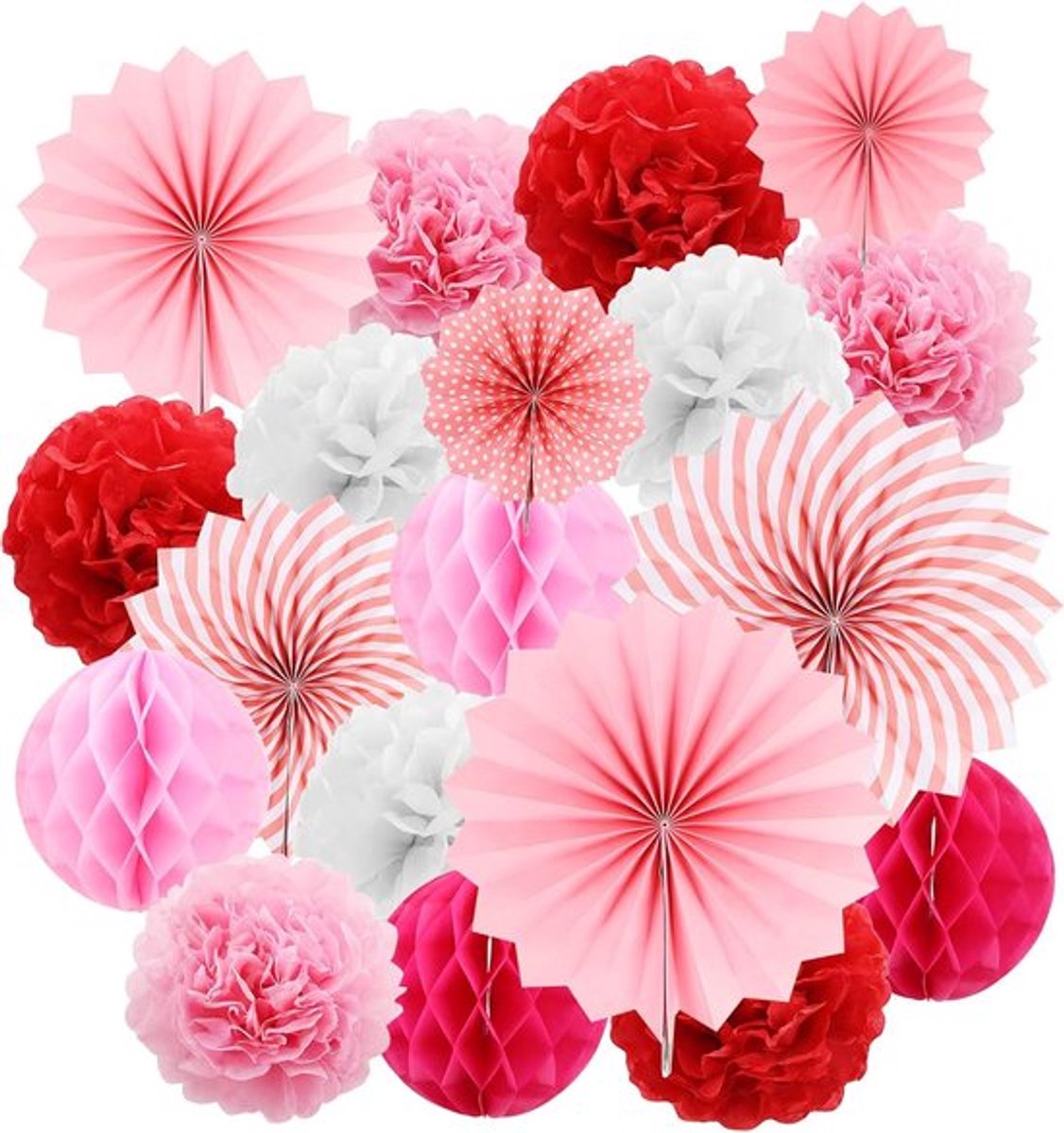Papieren bloemenwaaiers - papieren bloemen - pompons roze - hangende slinger - decoratie voor bruiloft - verjaardagsfeest - tuinfeest - tafeldecoratie - feestelijke versiering - feestdecor