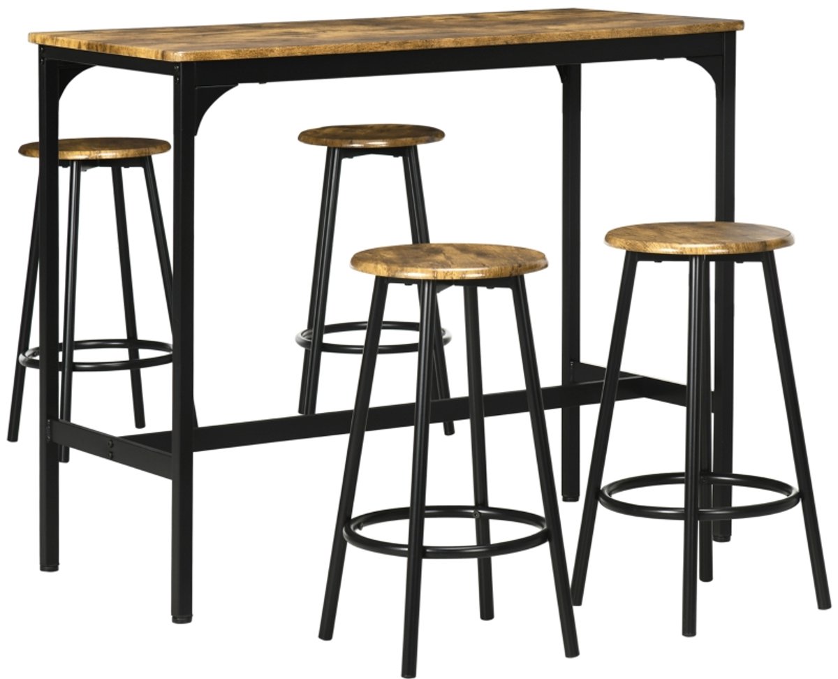 Barktafelset 5-delig 110×50×89,5 cm (tafelmaat) 30×30×60,5 cm (Stoelmaat)bruin MDF en metalen frame bartafel barkruk industrieel ontwerp geschikt voor eetkamer en keuken