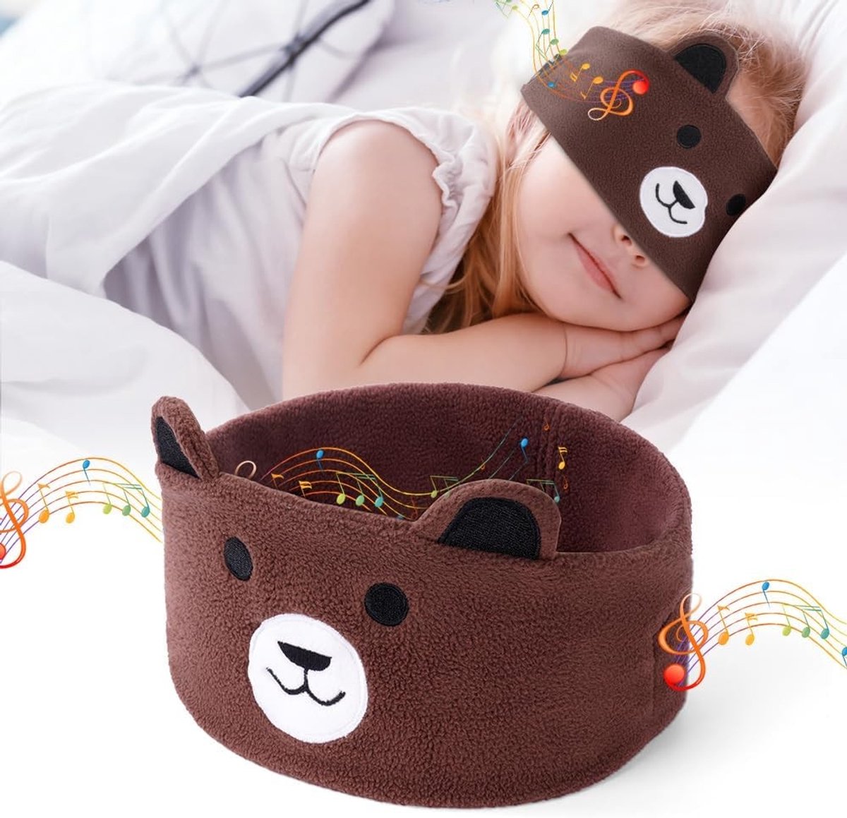 OFFCUP Kinderslaapmasker, 100% verduisterend Bluetooth-slaapmasker | Schattige en comfortabele slaaphoofdband met oogmasker, draadloze slaapkoptelefoon voor mannen en vrouwen, Grijze Beer