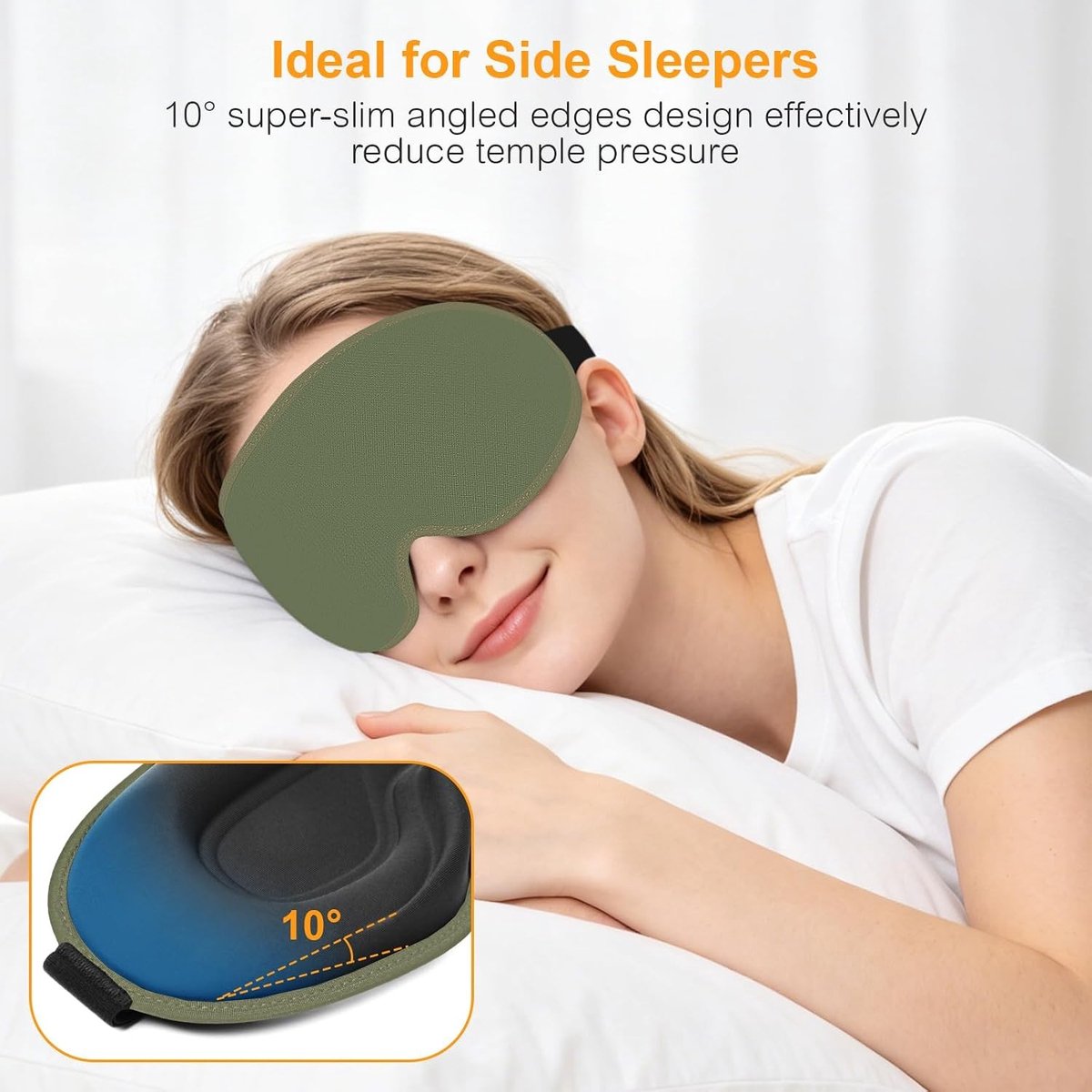 Gritin 3D Slaapmasker voor Zijslapers, Ademend en Lichtdicht- Olijfgroen | Slaapmasker voor Mannen en Vrouwen, Verstelbare Elastische Band, Ergonomisch Oogmasker voor Slapen, Dutjes, Reizen en Vliegen