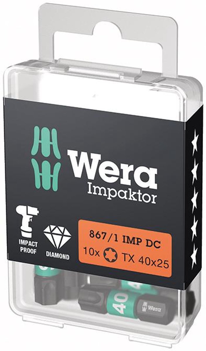 Wera 10x Bit 867/1 IMP DC T40 Lengte 25 mm 1/4" C6.3 Slagpin...