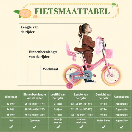 Vankel Kinderfiets voor Meisjes - 12/14/16 inch - Unicorn - 2-7 Jaar - Met Zijwieltjes, Mandje en Poppenzitje - Roze van VANKEL — afbeelding 5