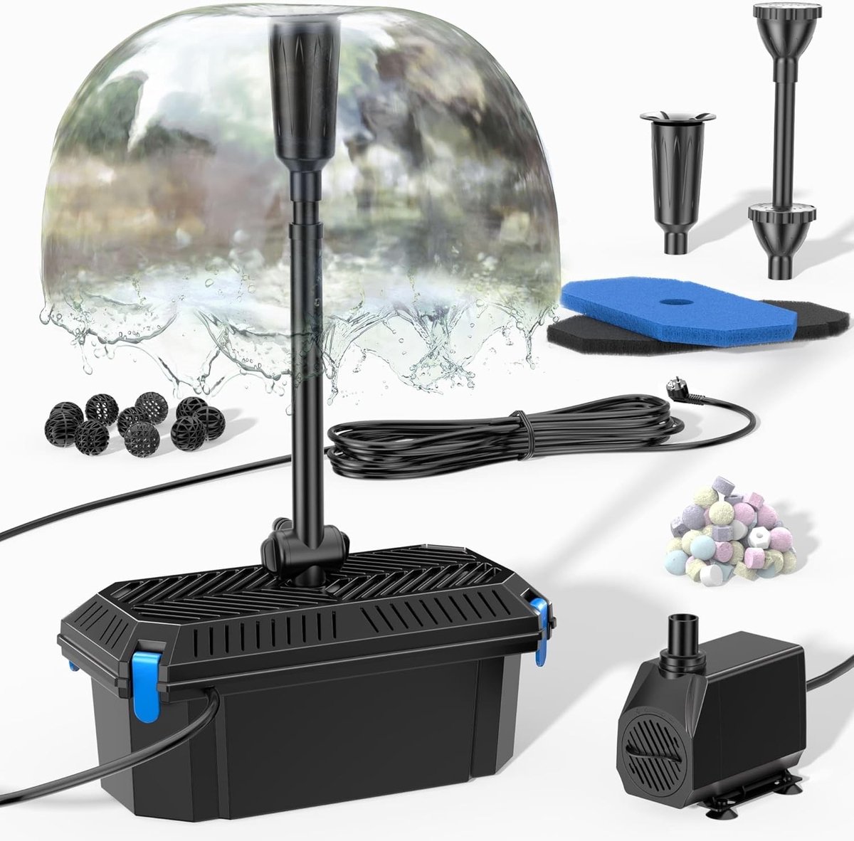 Biling Vijverfilter, complete set met pomp, 2500 l/u, vijverpomp voor buiten, filterpompen, vijverpomp met filter voor tuinvijver, onderwaterfilter, decoratieve fonteinpomp, vijverfilterset