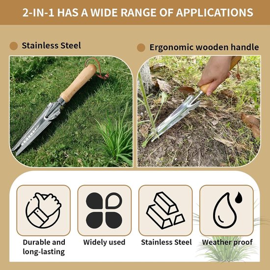 Onkruidsteker Set - Hout - 1 x 1 x 1 cm - Robuuste Onkruidverwijderaar met Houten Handgrepen - Voor Tuinonderhoud — afbeelding 4