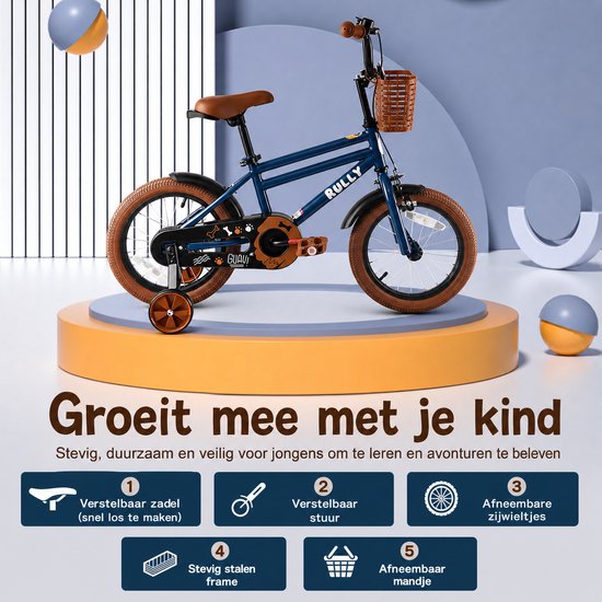 Rully Jongensfiets - 12/14/16 inch - Hondenprint met Botjes en Pootafdrukken - Met Zijwieltjes en Mand — afbeelding 4