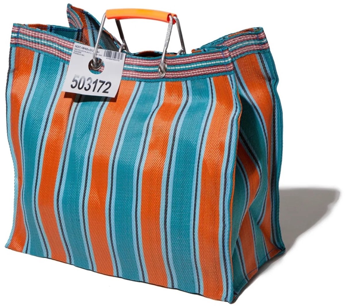PUEBCO - retro tas - oranje x blauw - vierkant - strepen - 100% recycled plastic - boodschappentas - strandtas