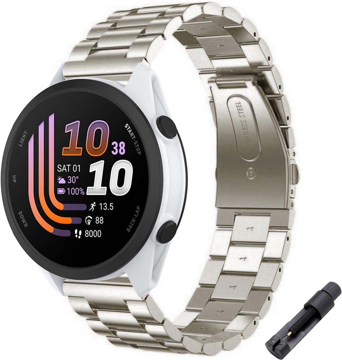 Stravo RVS Schakel bandje – Geschikt voor Garmin Forerunner 70 / 170 / 55 / 165 / 245, Vivoactive 6 / 5 / 3, Venu SQ 2 – Metalen Horlogebandje – Starlight