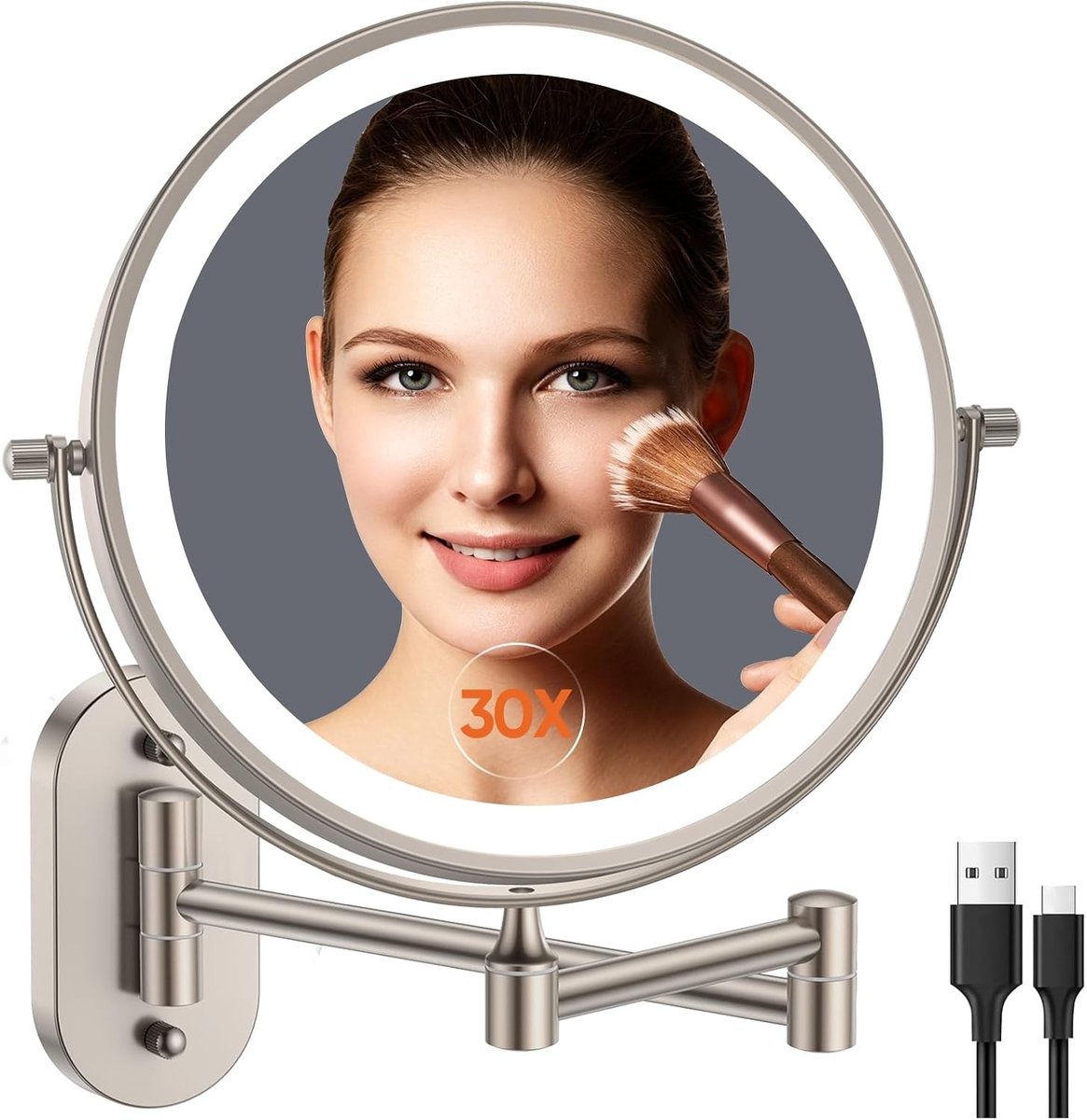 USB Oplaadbare Make-upspiegel - Wit - 8 inch - 1X/10X Vergroting met Dimbare Verlichting - Voor Badkamergebruik