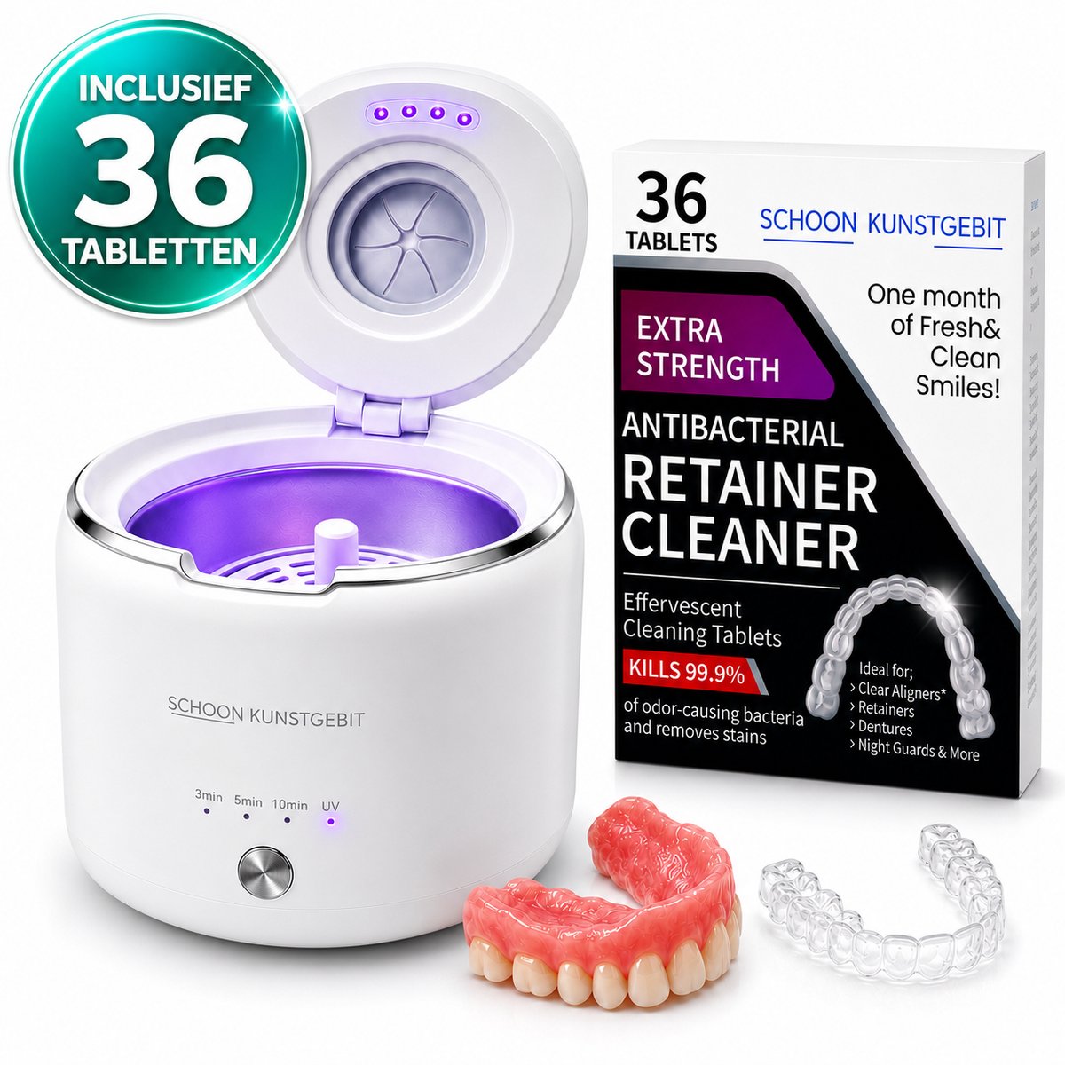 Ultrasone Kunstgebit Reiniger met UV – Inclusief 36 Reinigingstabletten – Extra Krachtig 45 kHz – Voor Prothese, Beugel, Retainer & Aligner