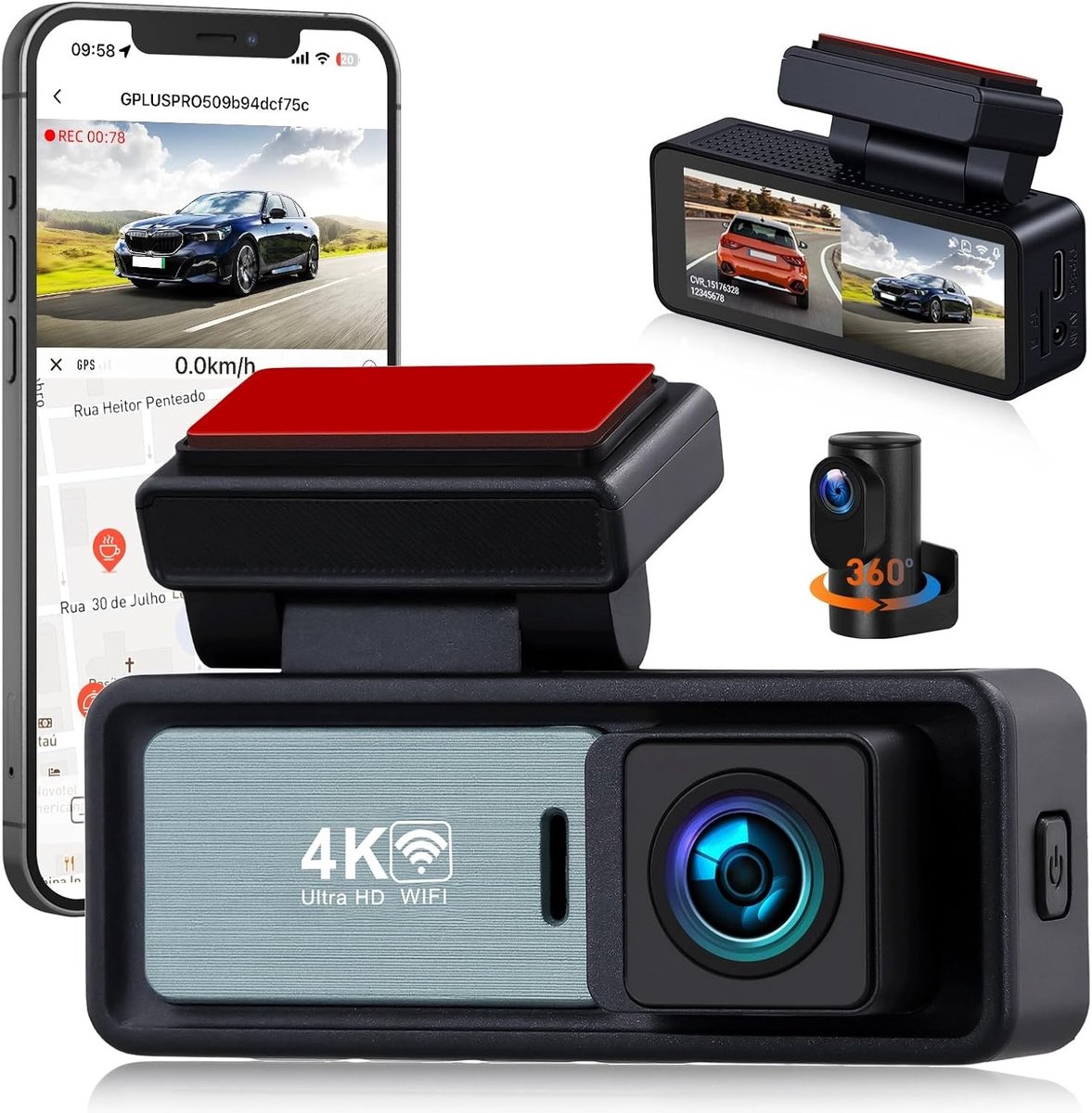 Auto Dashcam - Zwart - 4K + 1080P - Met GPS en Wifi - Voor Full HD Opnames Voor en Achter