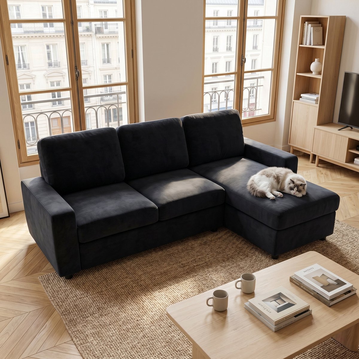 COVREO Hoekbank 245,5 cm zwart polyester, opbergruimte en chaise longue
