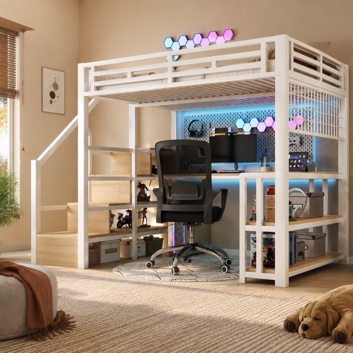 COVREO Hoogslaper 140x200 cm wit metaal en MDF, met bureau en opbergruimte