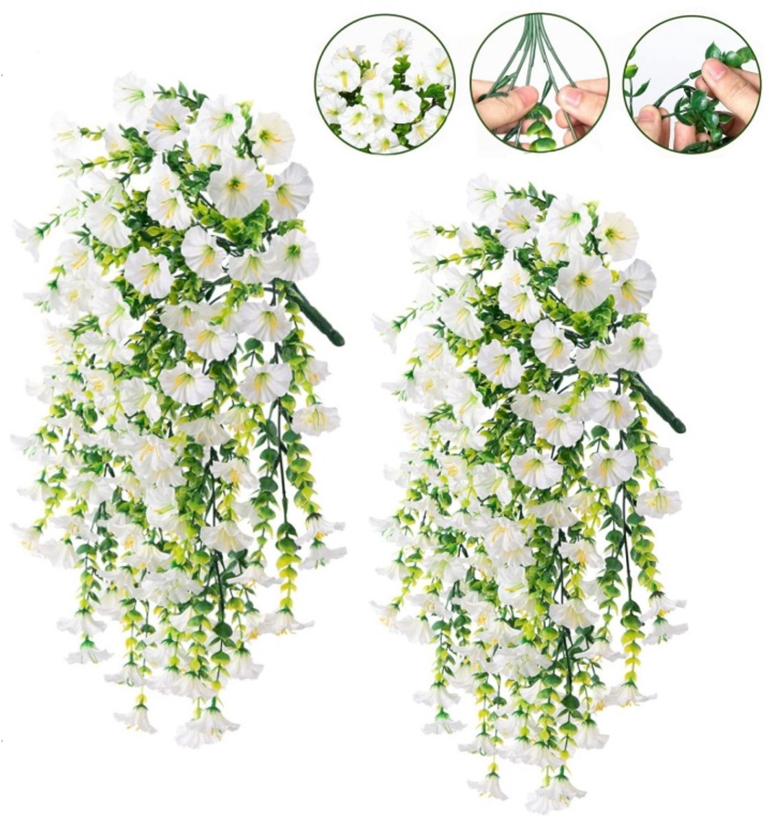 2 stuks Kunstmatige Hangbloemen, UV‑Bestendige Kunstbloemen met Eucalyptusbladeren, Realistische Zijde Hangplanten voor Buiten en Binnen, Tuin‑, Balkon‑ en Verandadecors