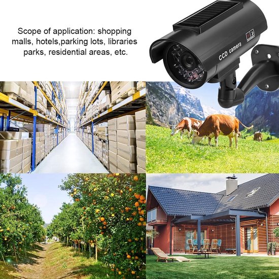 Simulatiecamera op zonne-energie - Schrikt criminelen af ​​- Simulatiecamera - Met knipperende LED-indicator - Beveiliging - Waterdicht - 360° draaibaar - Werkt op zonne-energie - Inclusief sticker en montageschroeven - 135*60*120 cm - Zwart — afbeelding 3