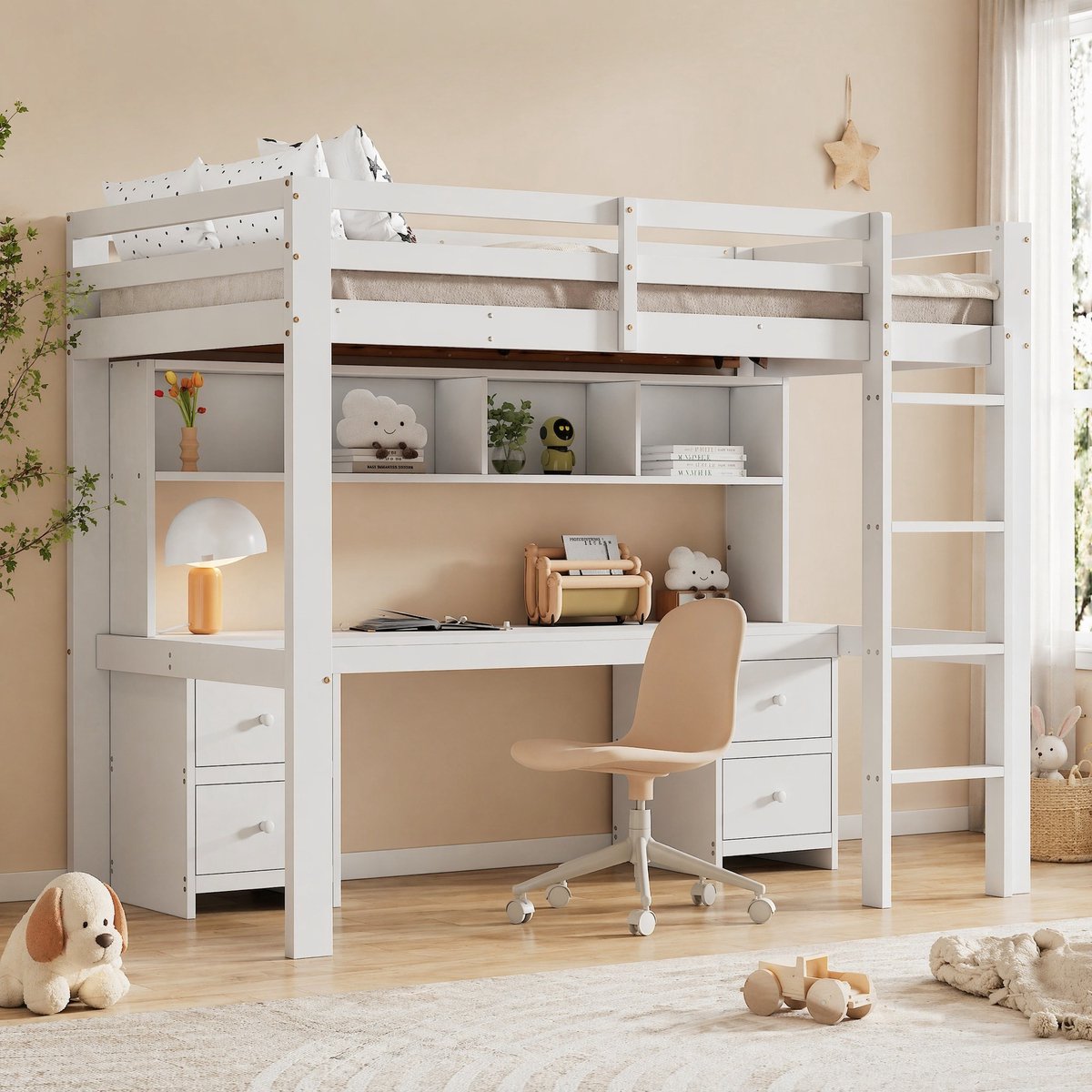 COVREO Hoogslaper 90x200 cm wit, hout en MDF met bureau en opbergruimte