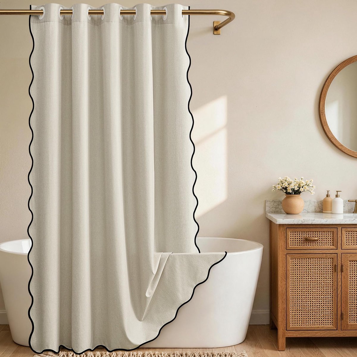 Douchegordijn - No Hook Douchegordijn met Schelprand –Beige Waaier Kant Design met Linnen Textuur - Wasbaar, Zwaar en Verzwaarde Onderkant – Geschikt voor Badkamer en Bad - 180 × 180 cm –Beige