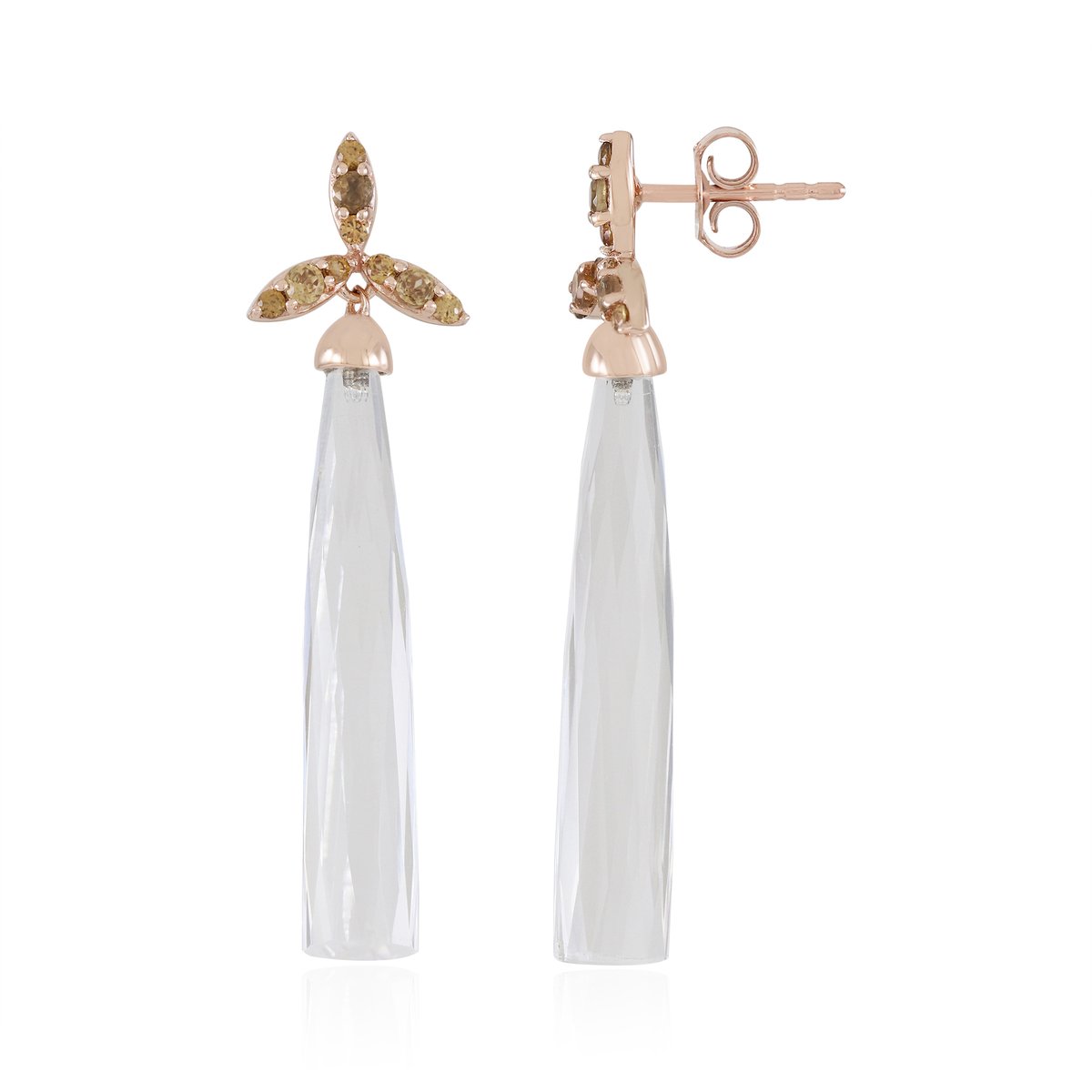 Cavill - 925 Sterling Zilver Roségoud Verguld Oorbellen met 17,19 ct Witte Kwarts Fancy Slijpsel en Champagne Zirkonia - Elegante Dames Sieraden