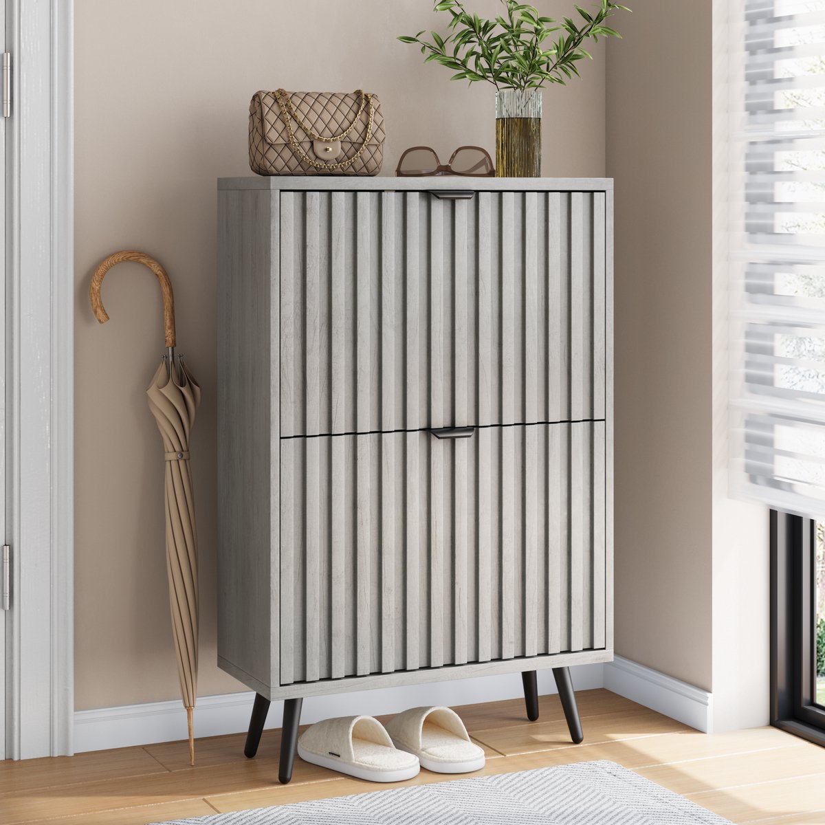 COVREO Schoenenkast 60x24x94 cm grijs, MDF en metaal met 2 kleppen