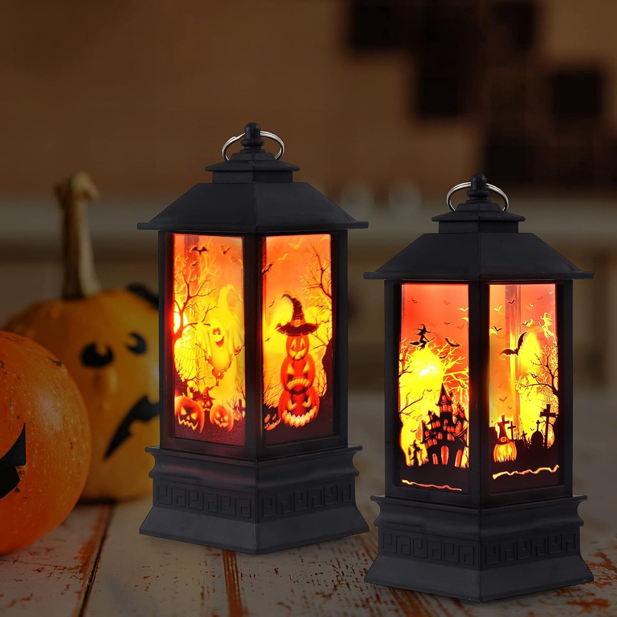 2-delige Halloween-lantaarnset (batterijen niet inbegrepen) - 19,5 × 8 × 8 cm - Draagbaar - Decoratieve lantaarn - Lamp met gesimuleerde vlam - Geschikt voor binnen en buiten - Zwart
