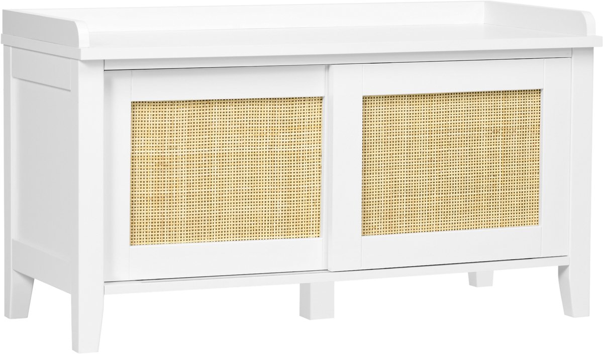 Schoenenbank-opbergkast- 2 kasten- met rieten fronten- met legplank- 80 x 35 x 45 cm- wit