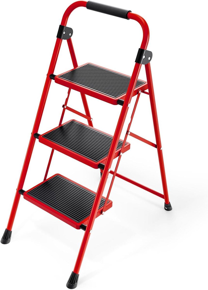 Trapladder 3 Treden - Vouwladder Opstapkruk - Huishoudelijk Gebruik - Met Veiligheidsleuning - 102 Centimeter Hoog - Rood