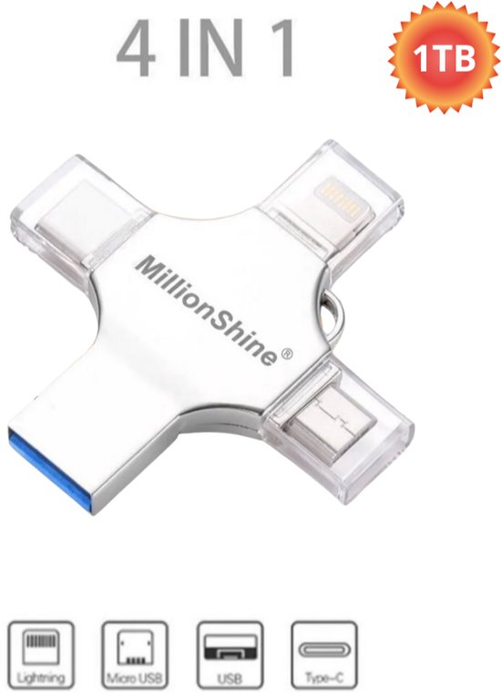 Zilveren 4-in-1 USB-adapter met 1TB vermelding, met de tekst 'MillionShine'.