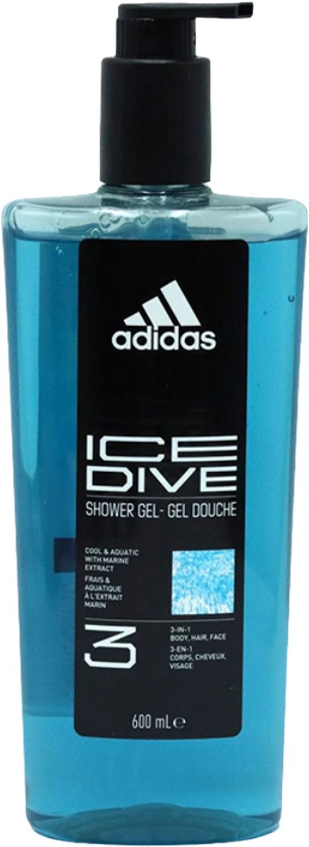 Adidas Ice Dive 3-in-1 Douchegel met Pomp – Lichaam, Gezicht & Haar – 600 ml