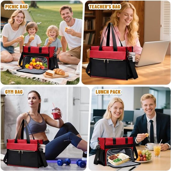 Lunchtas voor dames, 15,6 inch laptoptas, met geïsoleerd lunchvak, 2-in-1 zakelijke tas, met gekoeld vak, waterdichte werktas, geschikt voor op kantoor, school en leraren (rood) — afbeelding 5